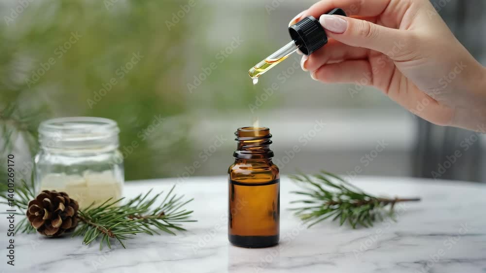 A hand holding a dropper dripping essential oil into a small bottle