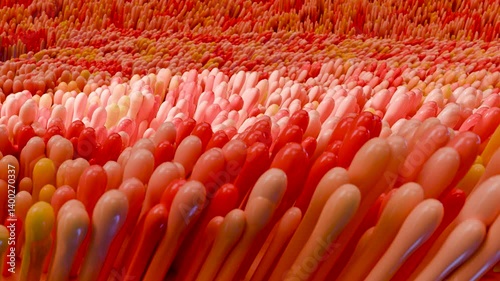 intestinal villi, Red microvilli in  intestinal tract. close-up, Microbiology, anatomy, biology, science, medicine, medical and healthcare concepts, Digestive system, epithelial cells, loop, 3D Render