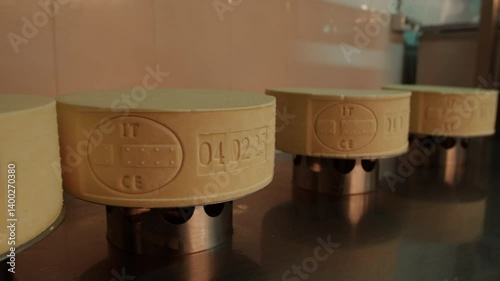 Round cheddar cheese heads with production date