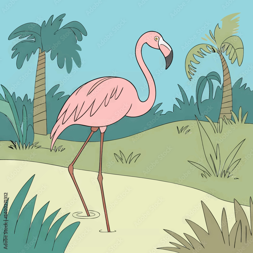 Fototapeta premium Cartoon Flamingo In Tropical Setting