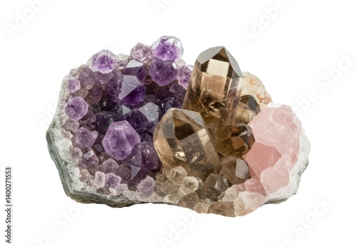 Amethyst smoky rose quartz crystal cluster mineral specimen isolated on white background