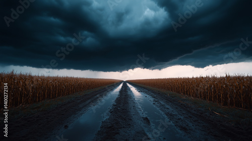Nasse Straße unter bedrohlicher Wolkendecke nach einem Sturm