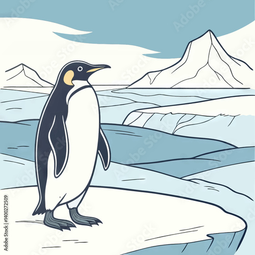 Penguin On Ice Landscape Illustration