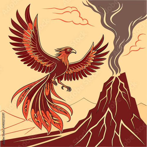 Phoenix Bird Flying Over Volcano Illustration