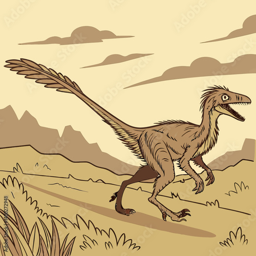 Running Velociraptor Dinosaur Art, Cartoon Dino Illustration