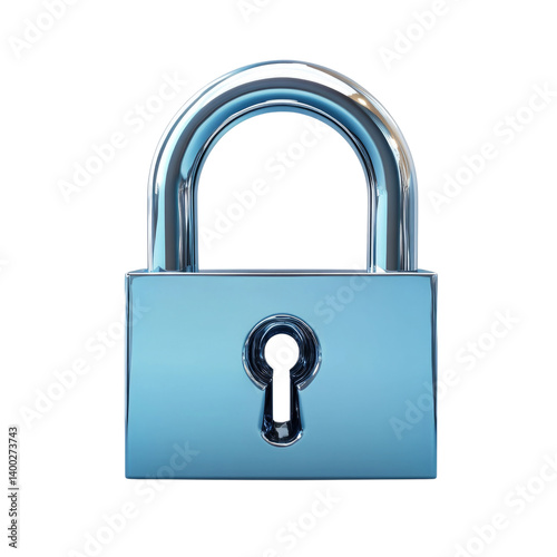 Blue metallic padlock with a circular shackle and keyhole design isolated on transparent background, cutout png