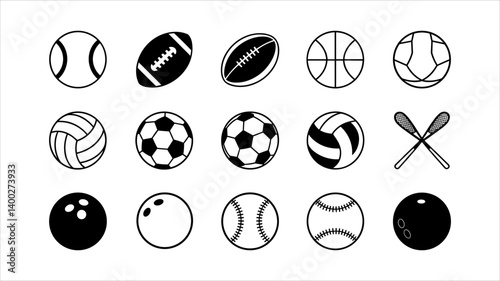 Sport Equipment Icons: A collection of various sporting balls in a simplified, monochrome aesthetic, ready to be incorporated into any athletic, sports, or recreational design.
