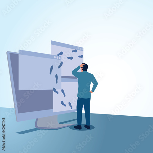 A man looks at a web page and there are footprints. A metaphorical illustration for digital footprints, browser history and tracking.