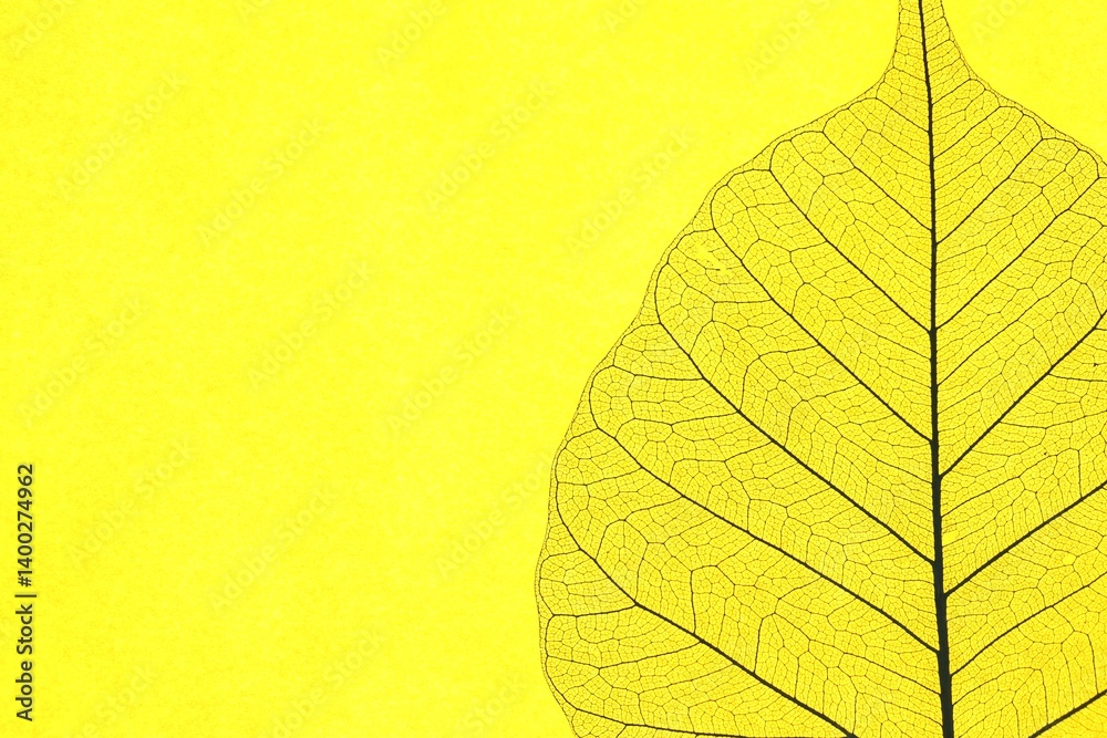 Obraz premium Beautiful skeleton leaf on yellow background, macro view. Space for text