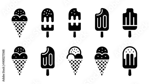 Ice Cream Delights: A delectable assortment of ice cream cones and popsicles, each embodying the simple pleasures of summer. Capturing the refreshing, iconic flavors in a minimalist, graphic style.