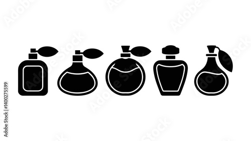 Silhouette of Elegant Fragrance: A set of exquisite perfume bottles in elegant black silhouette, capturing the essence of luxury and sophistication. Each bottle, a unique shape.