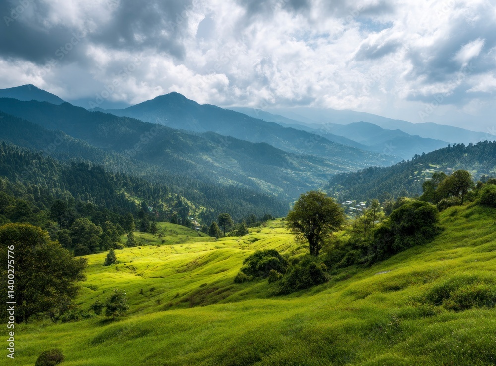 Fototapeta premium Green Meadow Landscape with Distant Mountains and Cloudy Sky
