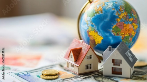 Global real estate investment with a globe, international currencies, and property icons