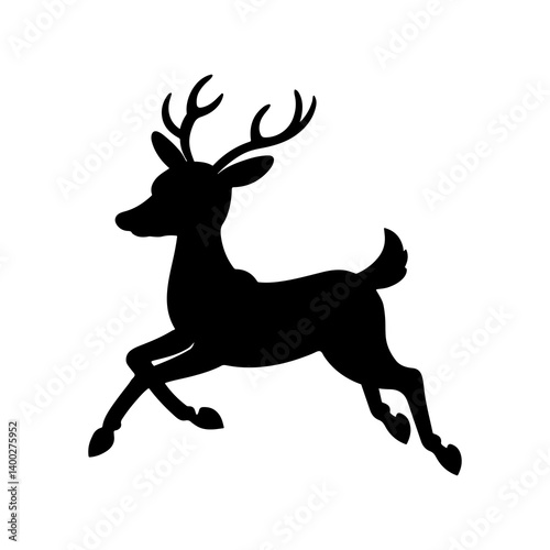 Silhouette of a deer leaping with antlers visible against a white background isolated art