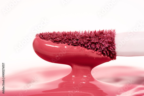 Macro shot of a lip gloss applicator covered in a rich, glossy pink product