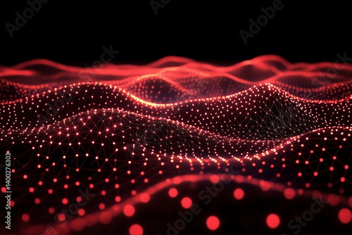 Abstract red glowing lines polygonal mesh background. Futuristic tech design network connection. Digital information transfer, data flow, communication, cybersecurity, blockchain, big data.