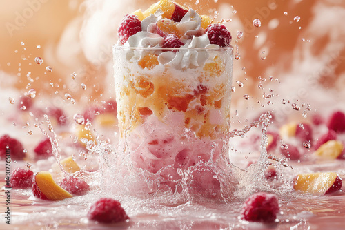 refreshing glass of fruit falooda with splashes of vibrant colors