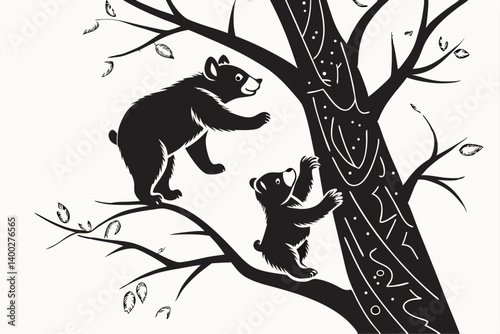 wo bear cubs climbing tree black silhouette animals.
