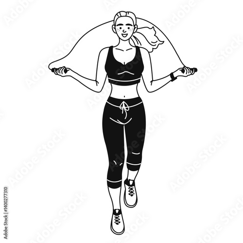 A female doodle character in sports clothes jumps over a rope. Sports and a healthy lifestyle. Home fitness. Vector hand-drawn black and white illustration