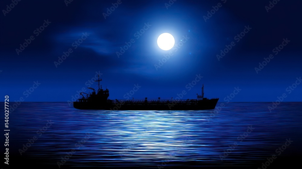 Fototapeta premium Cargo Ship Silhouette at Night Under a Full Moon