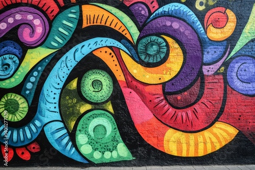 Vibrant mural, swirling patterns of color