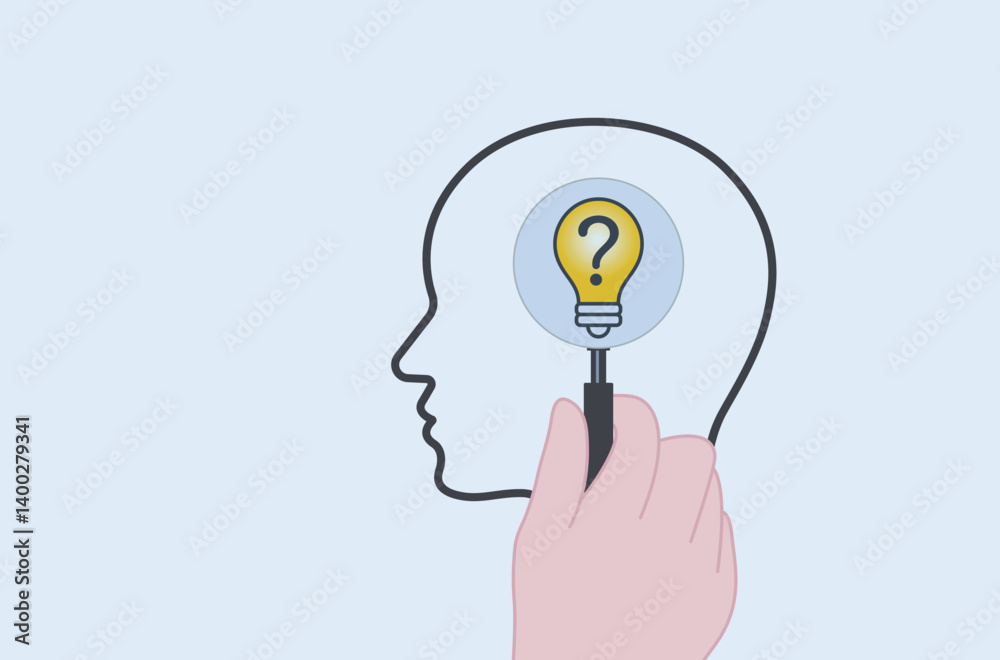 Idea discovery and inquiry concept background vector art. Hand holding a magnifying glass over question marks with a light bulb symbolizing idea discovery. Problem solving and creative thinking Idea discovery and inquiry concept background vector art. Hand holding a magnifying glass over question marks with a light bulb symbolizing idea discovery. Problem solving and creative thinking