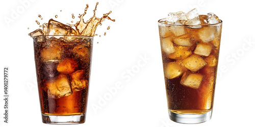 Refreshing Sparkling Beverage with Ice Cubes in Glasses, isolated on transparent background.