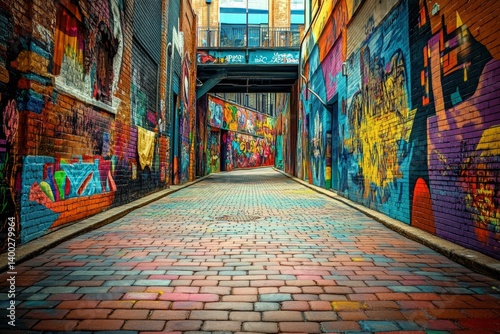 Vibrant Urban Alleyway.  Colorful graffiti art adorns the brick walls of a narrow alleyway.  A paved walkway stretches into the distance