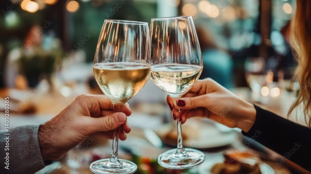 Close-up of people toasting with white wine glasses at a romantic dinner table. Close-up of people toasting with white wine glasses at a romantic dinner table.