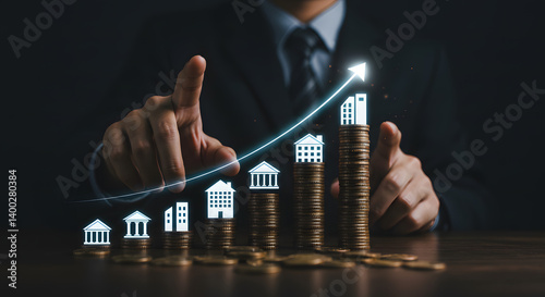 Franchise Business Growth and Expansion Strategy Visualization. Entrepreneur visualizing franchise growth trajectory with increasing store icons on a digital upward trend graph