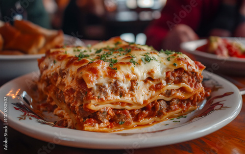 Delicious italian lasagna served with wine and views.