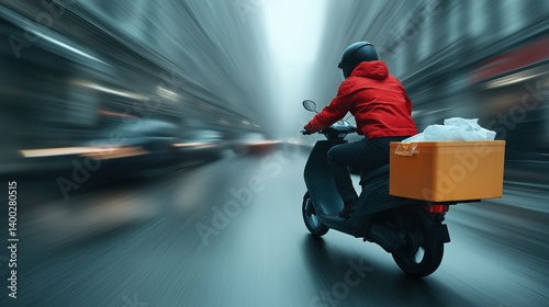 A delivery person in on a scooter with food is fast moving through traffic. They carry an ice box and wear a safety helmet for protection.