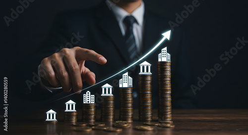 Franchise Business Growth and Expansion Strategy Visualization. Entrepreneur visualizing franchise growth trajectory with increasing store icons on a digital upward trend graph