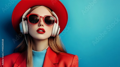 Fashionable woman in red outfit and headphones against blue background.