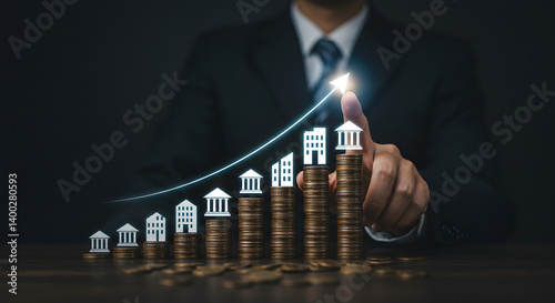Franchise Business Growth and Expansion Strategy Visualization. Entrepreneur visualizing franchise growth trajectory with increasing store icons on a digital upward trend graph