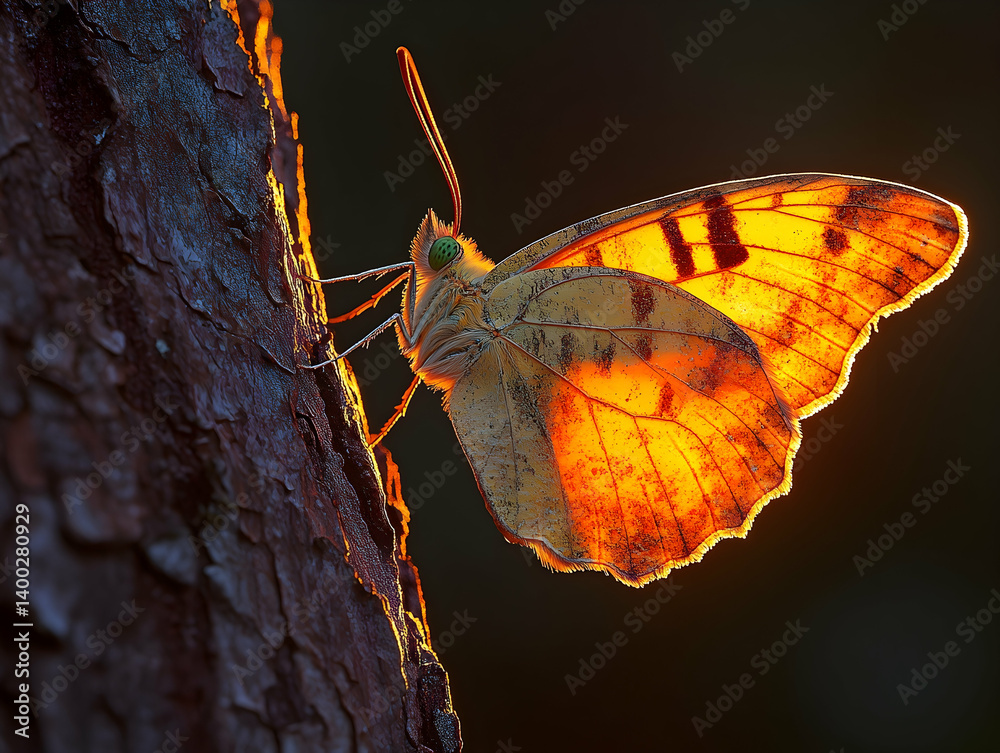 Obraz premium Orange butterfly perched on tree bark with wings illuminated in the sunlight against a dark background