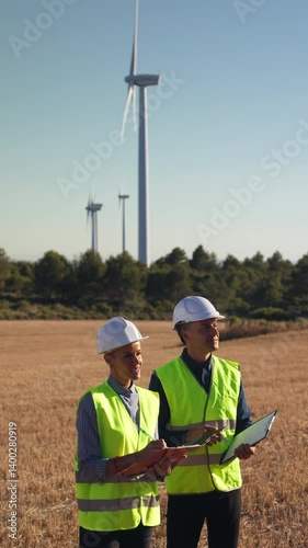 Wind farm engineers working on site near modern turbines during sunset light