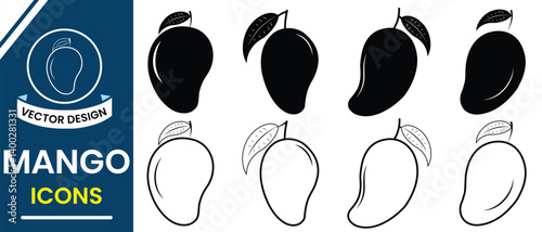 Mango icon, vector set. Silhouette of mango vector line art. King of Fruit vector design with leaf, mango symbol and sign, leaf vector. Fruits Vector illustration.