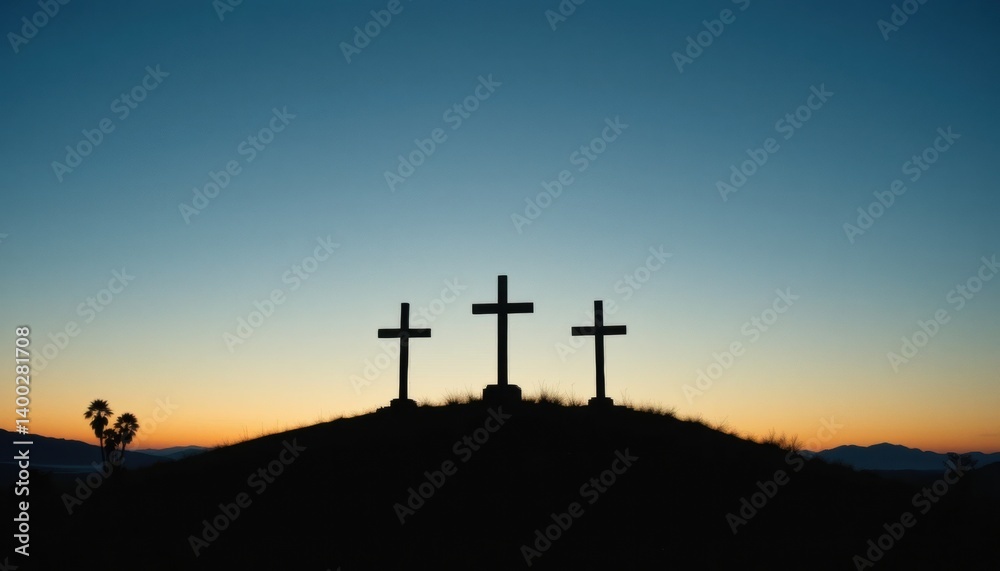 Three crosses silhouetted on a hilltop at dawn, golden light horizon. Three crosses silhouetted on a hilltop at dawn, golden light horizon.