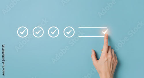 Checklist and task progress tracking concept. A hand placed the final checkmark on round wooden in progress bar, task completion, productivity, goal setting