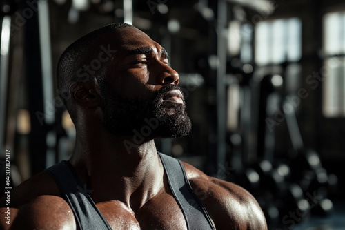 Portrait of an athlete in the gym after a hard workout photo