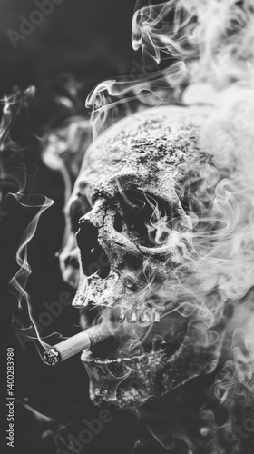 Mysterious skull shrouded in cigarette smoke creating an eerie atmosphere