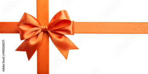 Large orange bow on the left side of a straight ribbon, isolated on a transparent background - ideal for banners or frames for Easter, Christmas, birthdays, gifts, Valentine's Day