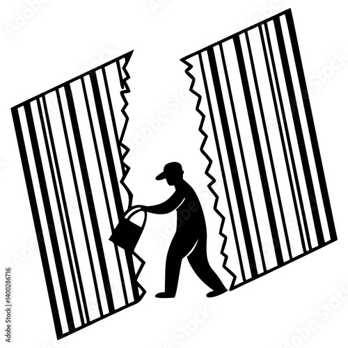 Torn Barcode Representing Collapsed Commerce on Transparent Background. Perfect for: Black Friday aftermath, World Trade Day