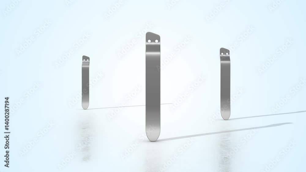 Pocket Clips on a Light Reflective Floor. Metallic Pocket Clips 3D. 4K