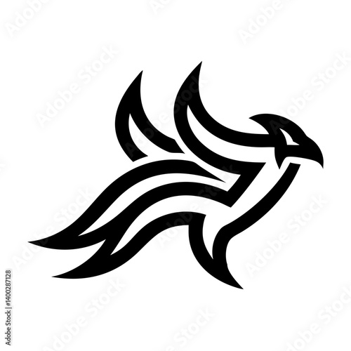This abstract logo has a bold and elegant design, featuring flowing lines that emphasize movement and power. The tribal or vector art style makes it perfect for sports teams, equestrian businesses, ta