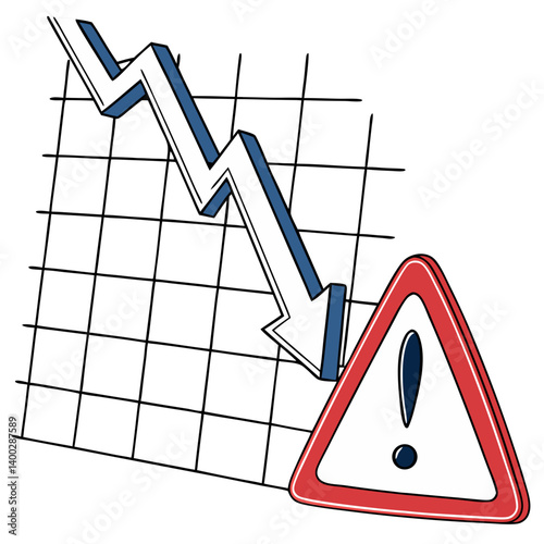 Downward Sloping Graph with Red Warning Sign on Transparent Background. Perfect for: Recession, Economic Crisis, Financial Reports, News Editorials