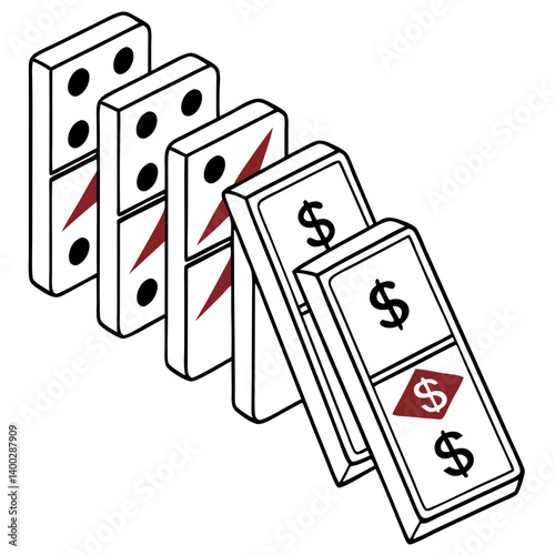 Collapsing Financial Dominoes on Transparent Background. Perfect for: Financial Meltdown Scenarios, Crisis Simulations