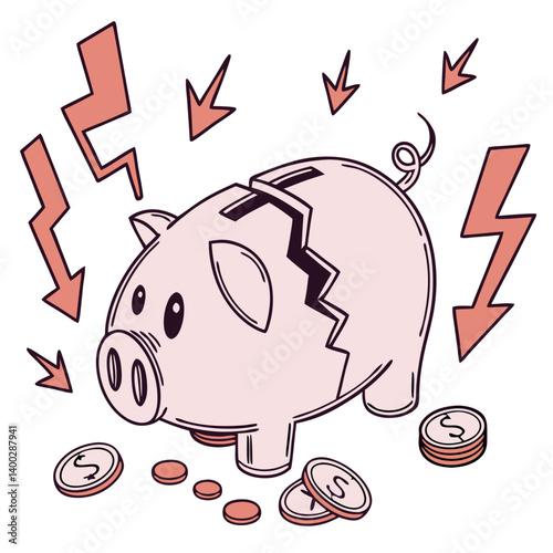 Shattered Piggy Bank Surrounded by Downward Arrows on Transparent Background. Perfect for: Savings Awareness Week, Inflation Reports