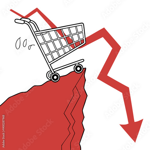 Shopping Cart Falling Off Red Graph Cliff on Transparent Background. Perfect for: Consumer Spending Reports, Retail Crisis Coverage